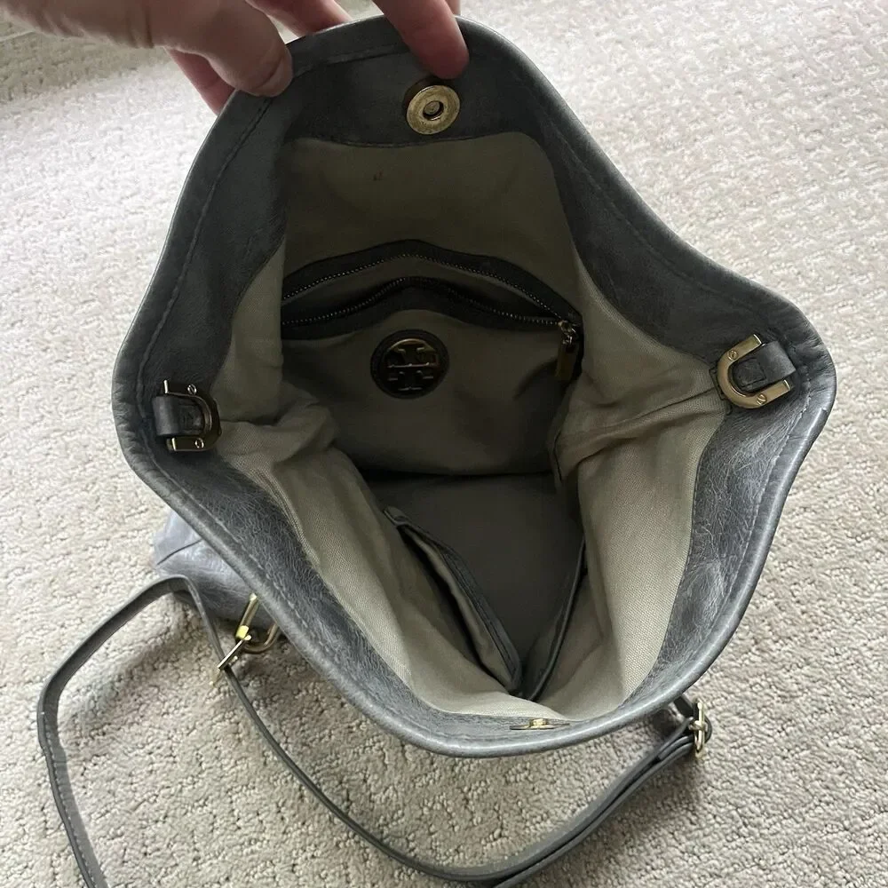 Tory Burch Convertible City Messenger Gray Leather Gold Chain Foldover Crossbody